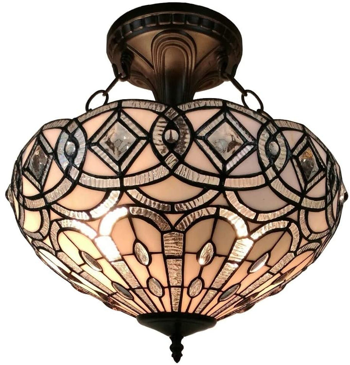 Tiffany Semi Flush Mount Ceiling Fixture White Traditional Art Glass