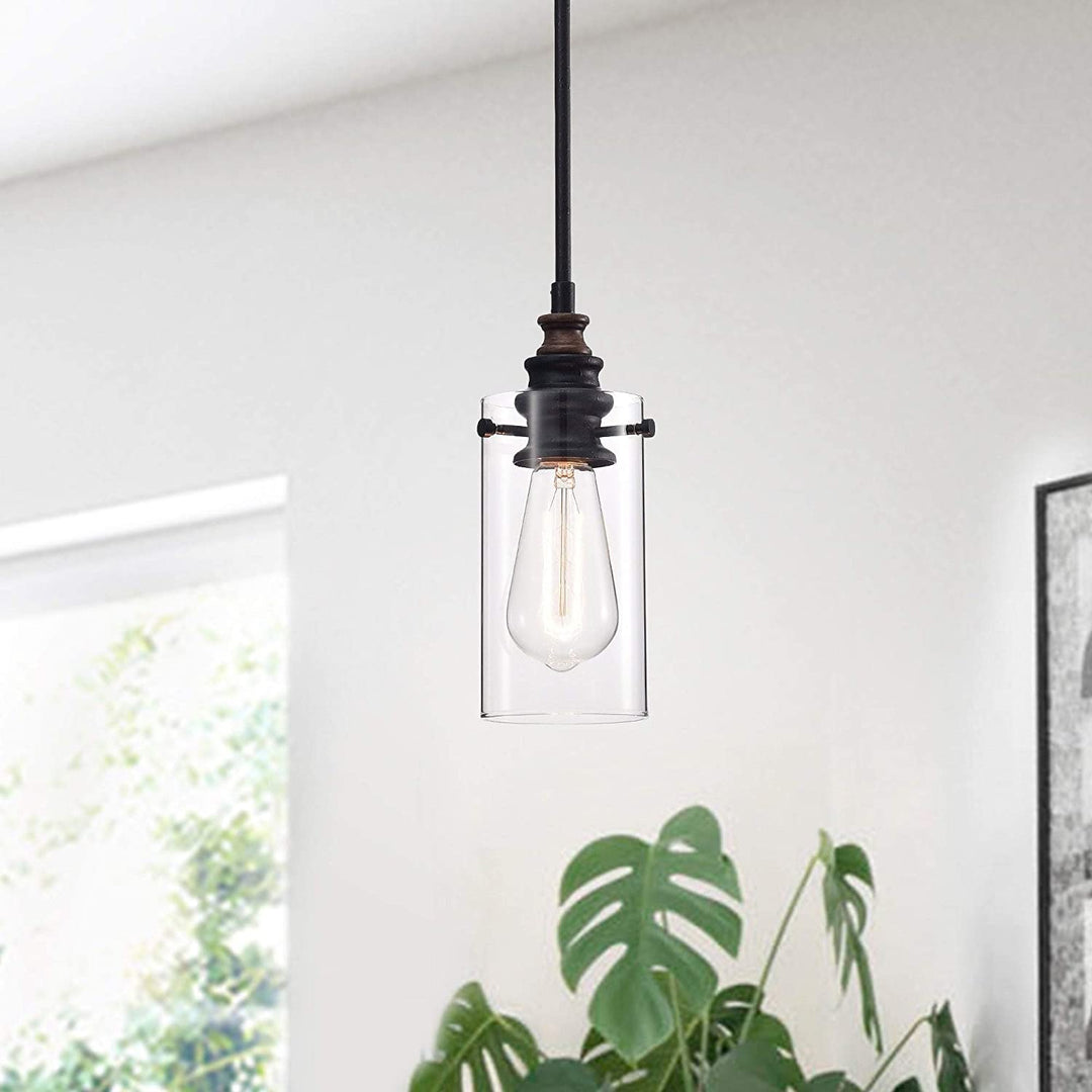 1 Light Black Pendant Lamp Glass Cylinder Shade (Includes