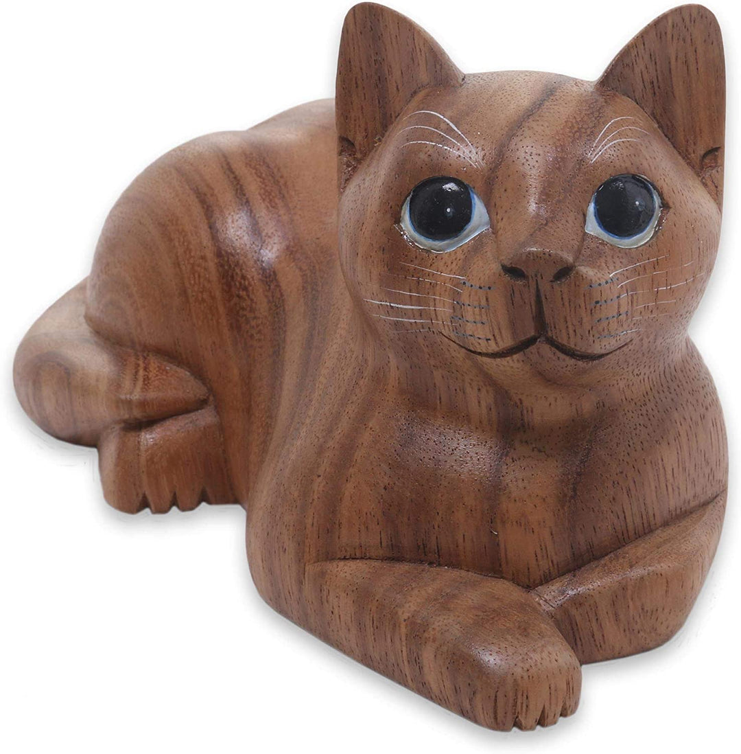 Wood Sculpture 'Short Haired Cat' (Indonesia) Brown Handmade - Diamond Home USA