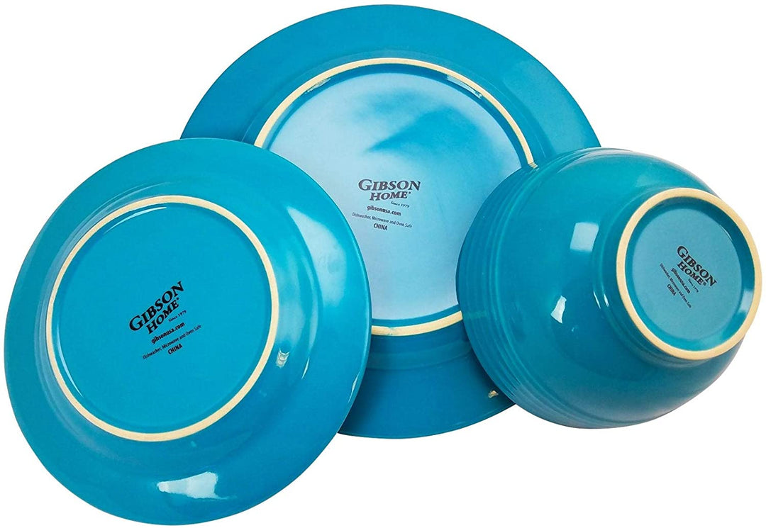 Banded Gloss 12 Piece Stoneware Dinnerware Set Turquoise Blue Casual Round Microwave Safe - Diamond Home USA