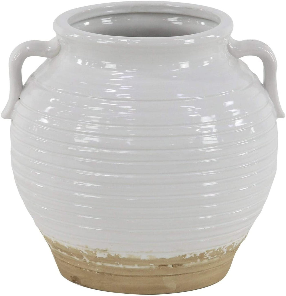 Modern 10 X 8 Inch Lacquered White Stoneware Pot Planter Contemporary Round Ceramic - Diamond Home USA