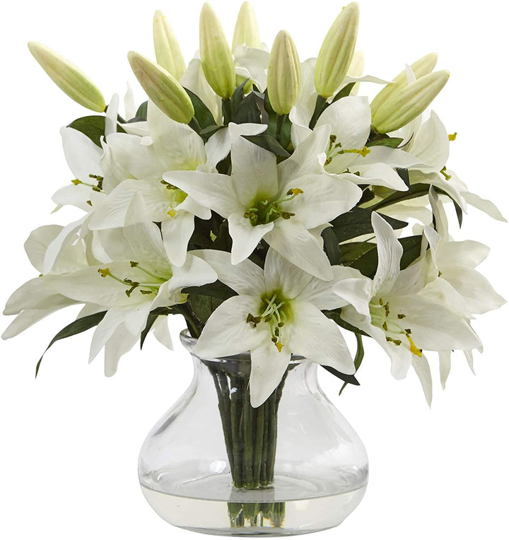 White Faux Lily Arrangement Clear Glass