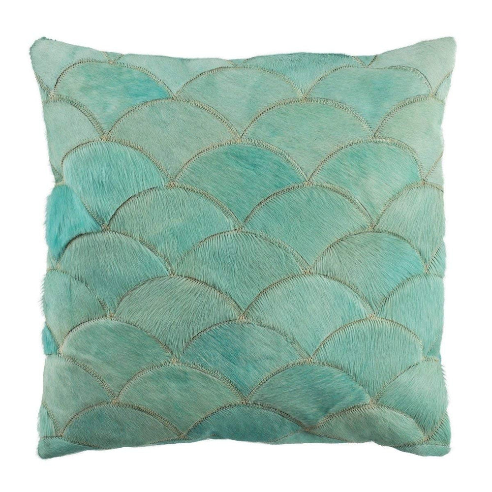 Modern Teal Blue Scalloped Scale Pattern Cowhide Pillow Textured Fuzzy Glam Decorative Accent Pillow Indoor Soft Suede Square Sofa Cushion 20x20