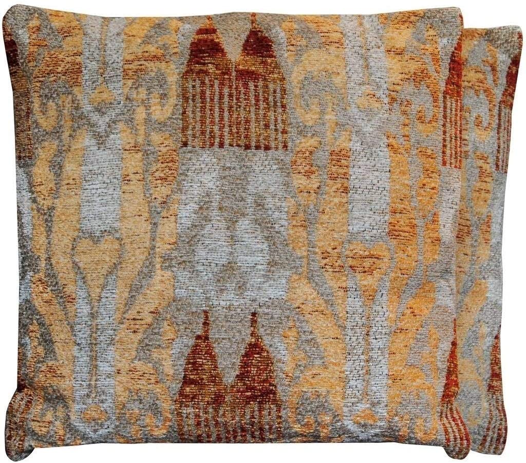 Handmade Chenille Ikat 20" Throw Pillow (Set 2) Gold Ivory Red Bohemian Eclectic Transitional Two Pillows