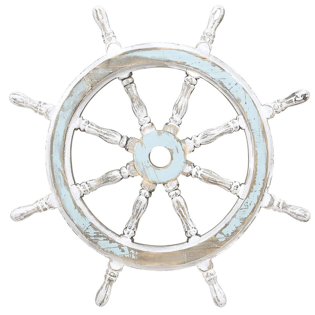 24 x 24 x 2 White Blue Nautical Themed Wooden Ship Wheel