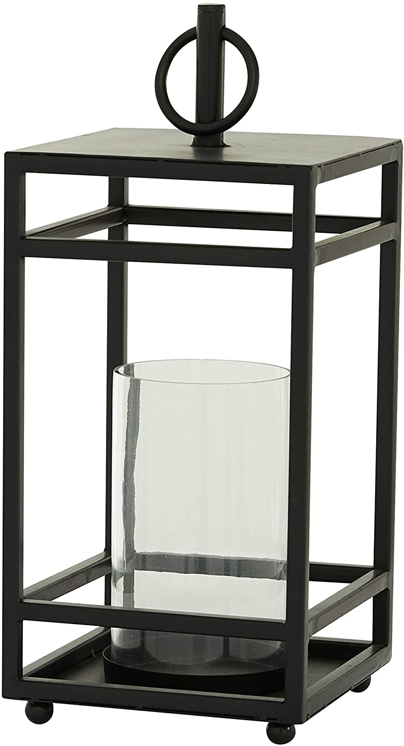 Tall Rectangular Black Metal Lantern Round Glass Center 8 25" X 18 75" 8 X 19 - Diamond Home USA