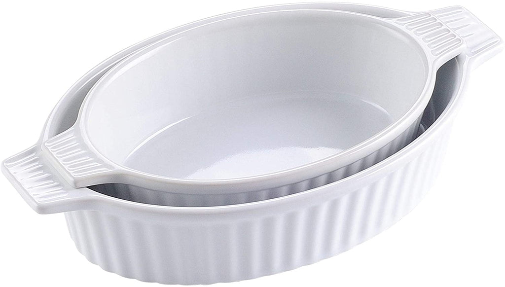UKN 2 Piece White 12 75'' 14 5'' Oval Porcelain Baking Dishes Set 2 Piece Microwave Safe