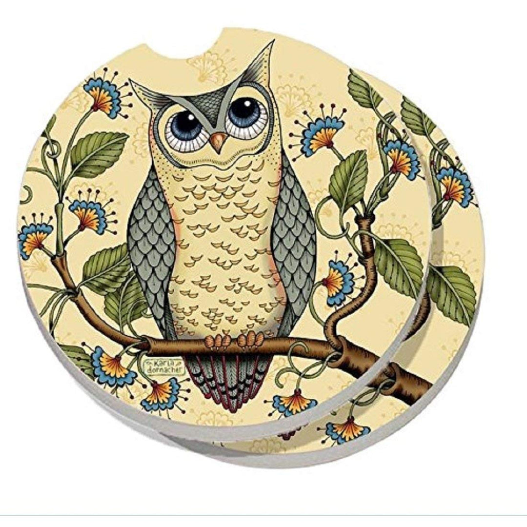 Owl Car Coaster Set Round Absorbent Travel Stoneware