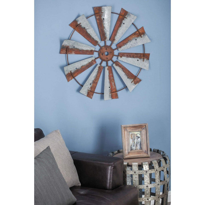 Windmill Wall Decor Distressed Blades Grey Brown Tones Full Wind Mill Sculpture Antique Rust Finish Rustic Farmhouse Chic Country Living Bedroom