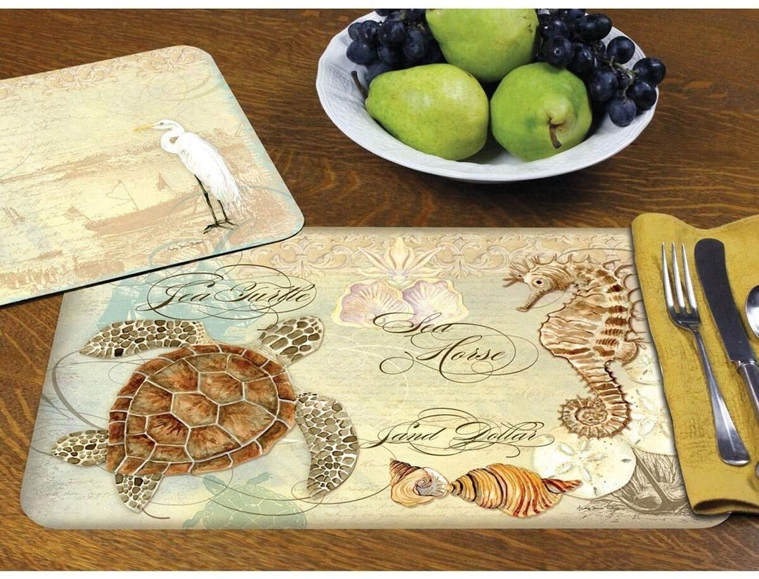 Wipe Clean Plastic Placemats Set 4 Coastal Waterways Color Rectangle - Diamond Home USA