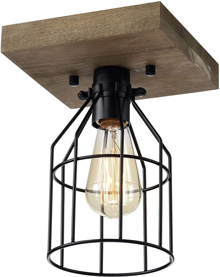 1 Light Wood Metal Cage Flush Mount Bohemian Eclectic