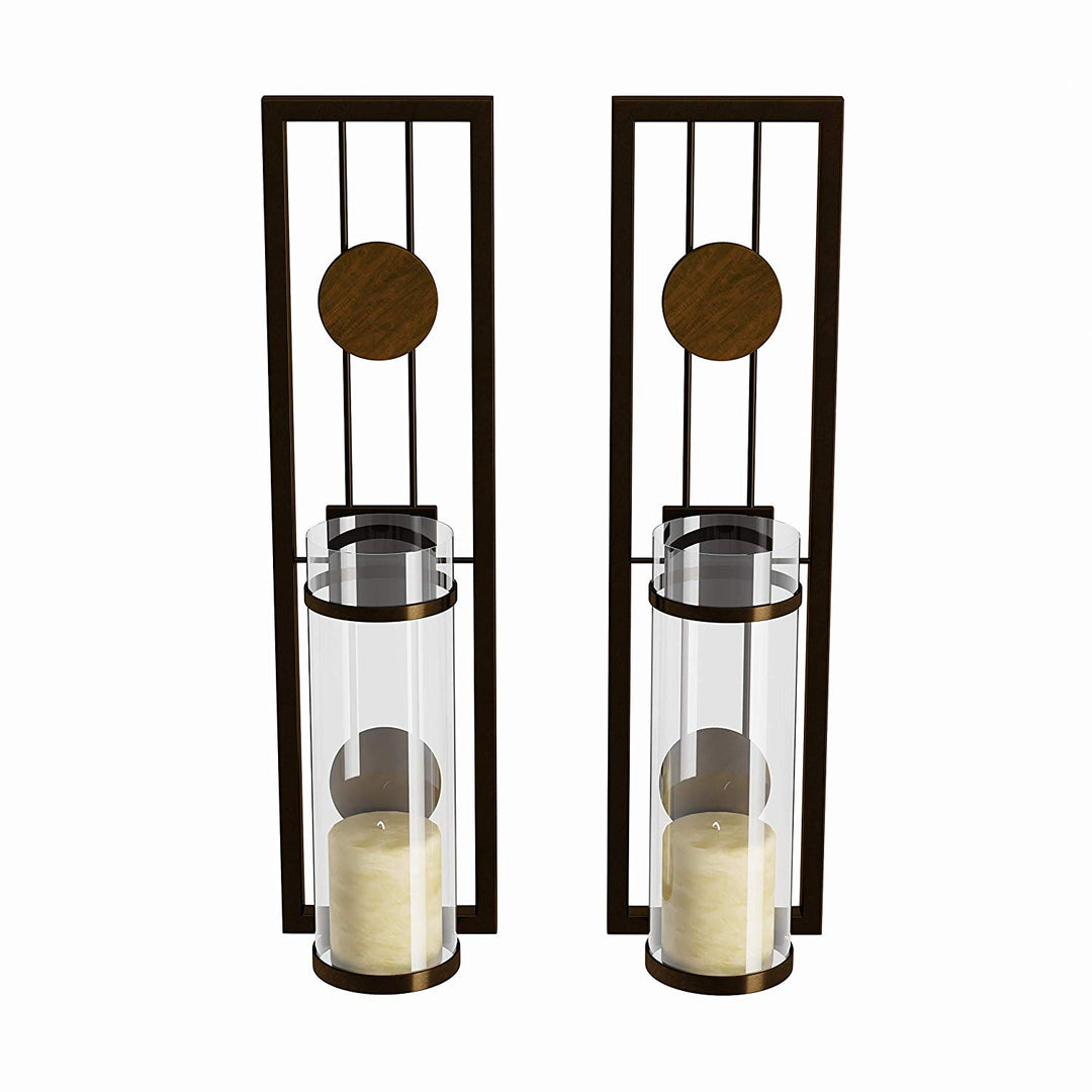 Brown Tan Candle Holders Metal Sconce Set Modern Contemporary Wall Sconces Candles Warm Romantic Ambiance Elegant Geometric Design Circle Pattern Iron