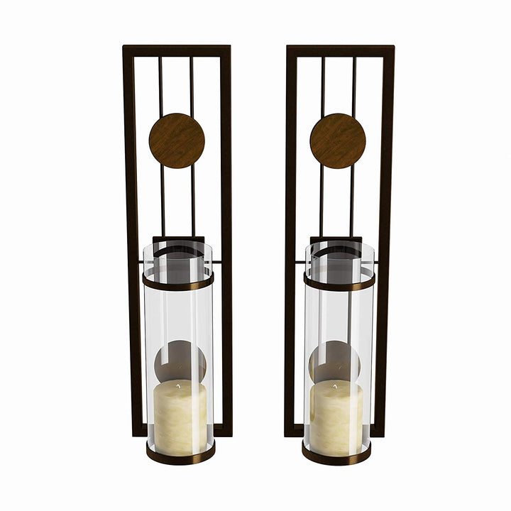 Brown Tan Candle Holders Metal Sconce Set Modern Contemporary Wall Sconces Candles Warm Romantic Ambiance Elegant Geometric Design Circle Pattern Iron