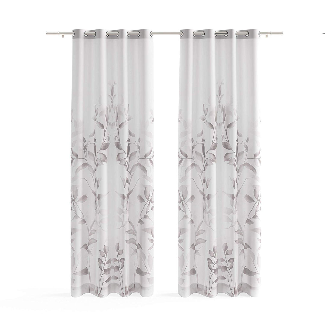 84 Inch Grey Leaf Swirl Window Curtain Single Panel Gray Vine Pattern Window Treatment Leaves Botanical Design Drape Burnout White Semi Sheer Light