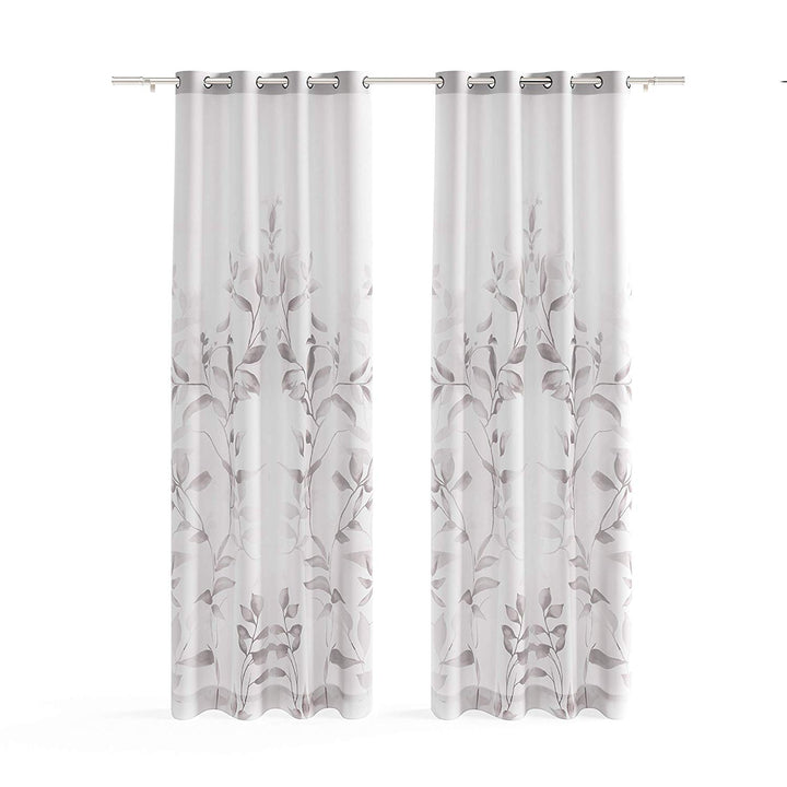 84 Inch Grey Leaf Swirl Window Curtain Single Panel Gray Vine Pattern Window Treatment Leaves Botanical Design Drape Burnout White Semi Sheer Light