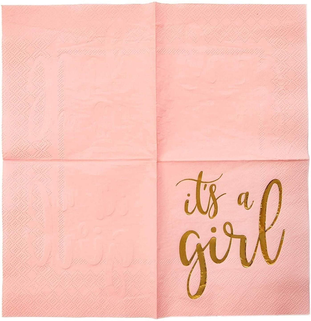 50x It's Girl Pink Gold Baby Shower Disposable Beverage Party Napkins 5x5 Square Synthetic Fiber - Diamond Home USA