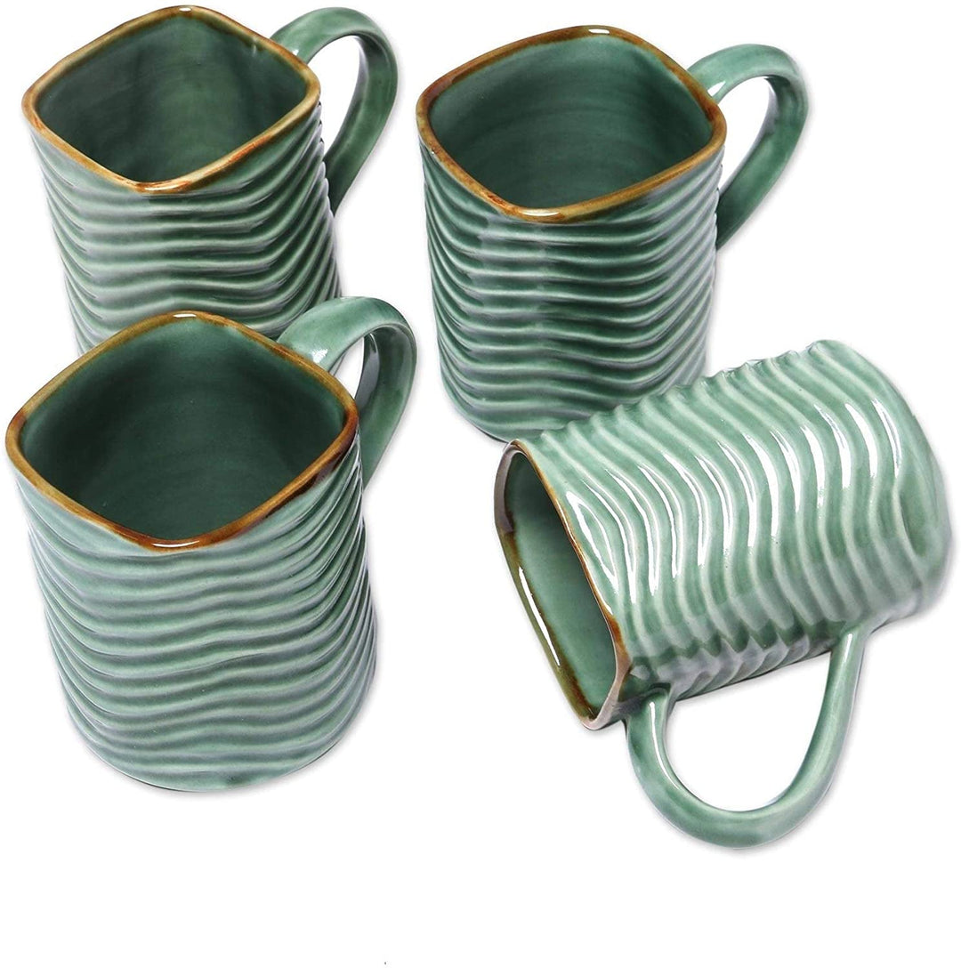 Handmade Banana Vibes Ceramic Mugs (Set 4)(Indonesia) Green Fruit Modern Contemporary Round 4 Piece - Diamond Home USA