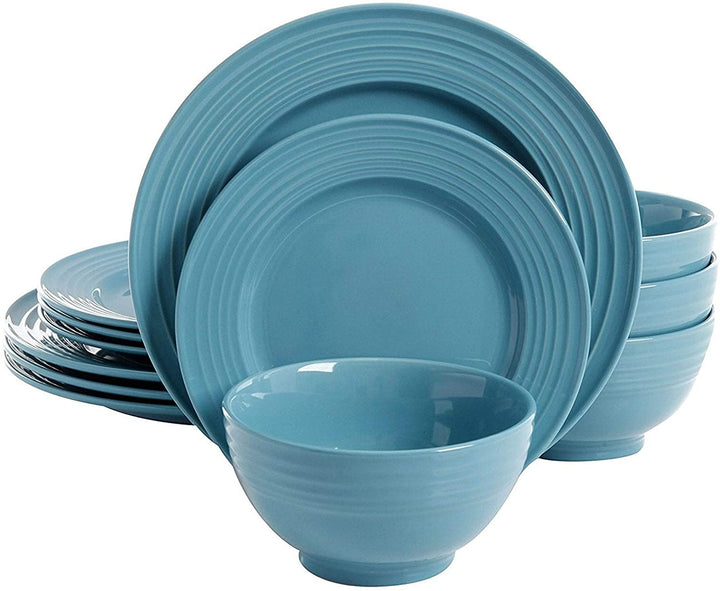 Banded Gloss 12 Piece Stoneware Dinnerware Set Turquoise