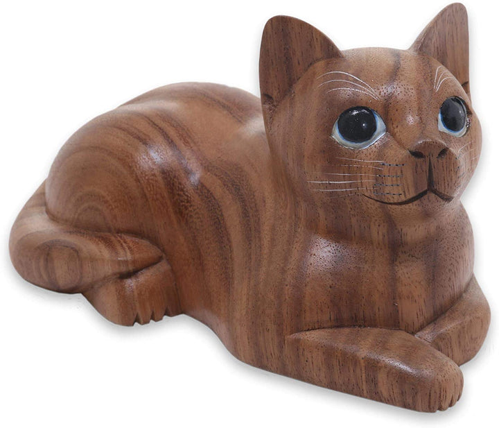 Wood Sculpture 'Short Haired Cat' (Indonesia) Brown