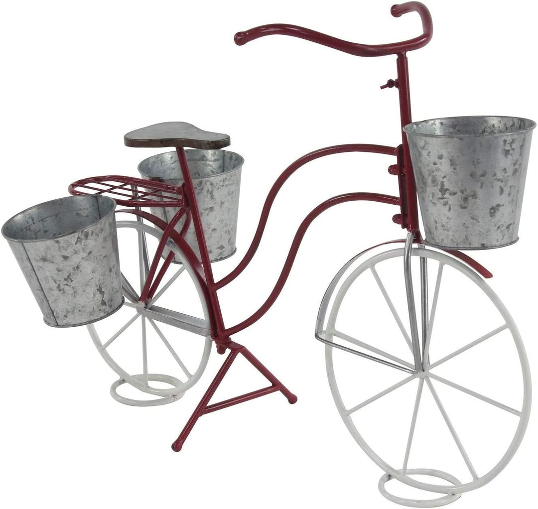 Eclectic 22 Inch Red White Bicycle Plant Stand Grey Bohemian Metal