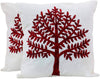 Handmade Pair Cotton Cushion Covers Tree (India) Red White Embroidered Floral Modern Contemporary Acrylic