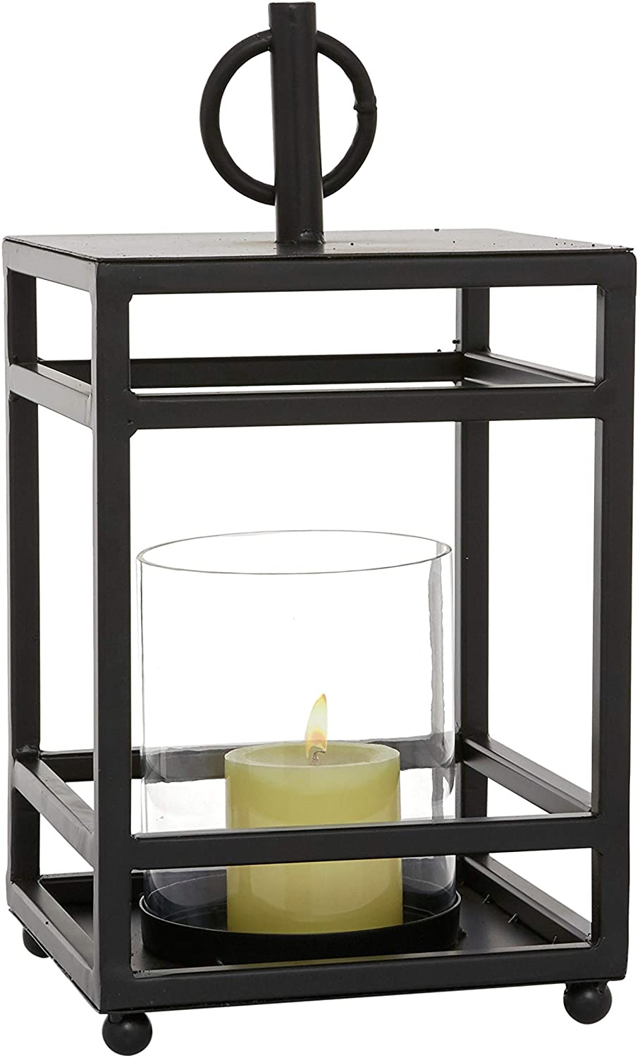 Rectangular Black Metal Lantern Round Glass Center 8 25" X