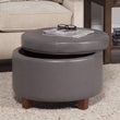 Charcoal Grey Leatherette Round Storage Ottoman Solid Casual Transitional Faux Leather Foam Wood