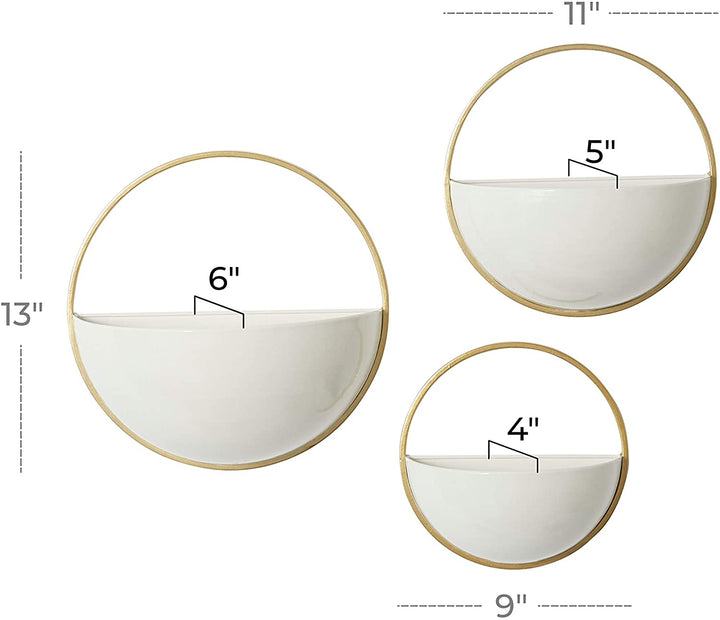 Round White Gold Metal Wall Planters Set 3 9" 11" 13" 12 X 6 12round - Diamond Home USA