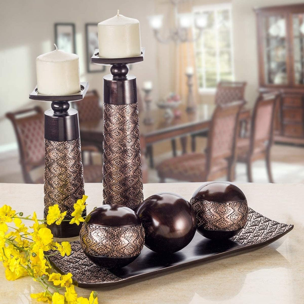 Decorative Candle Holder Set 2 (Coffee Brown) Brown Polyresin - Diamond Home USA