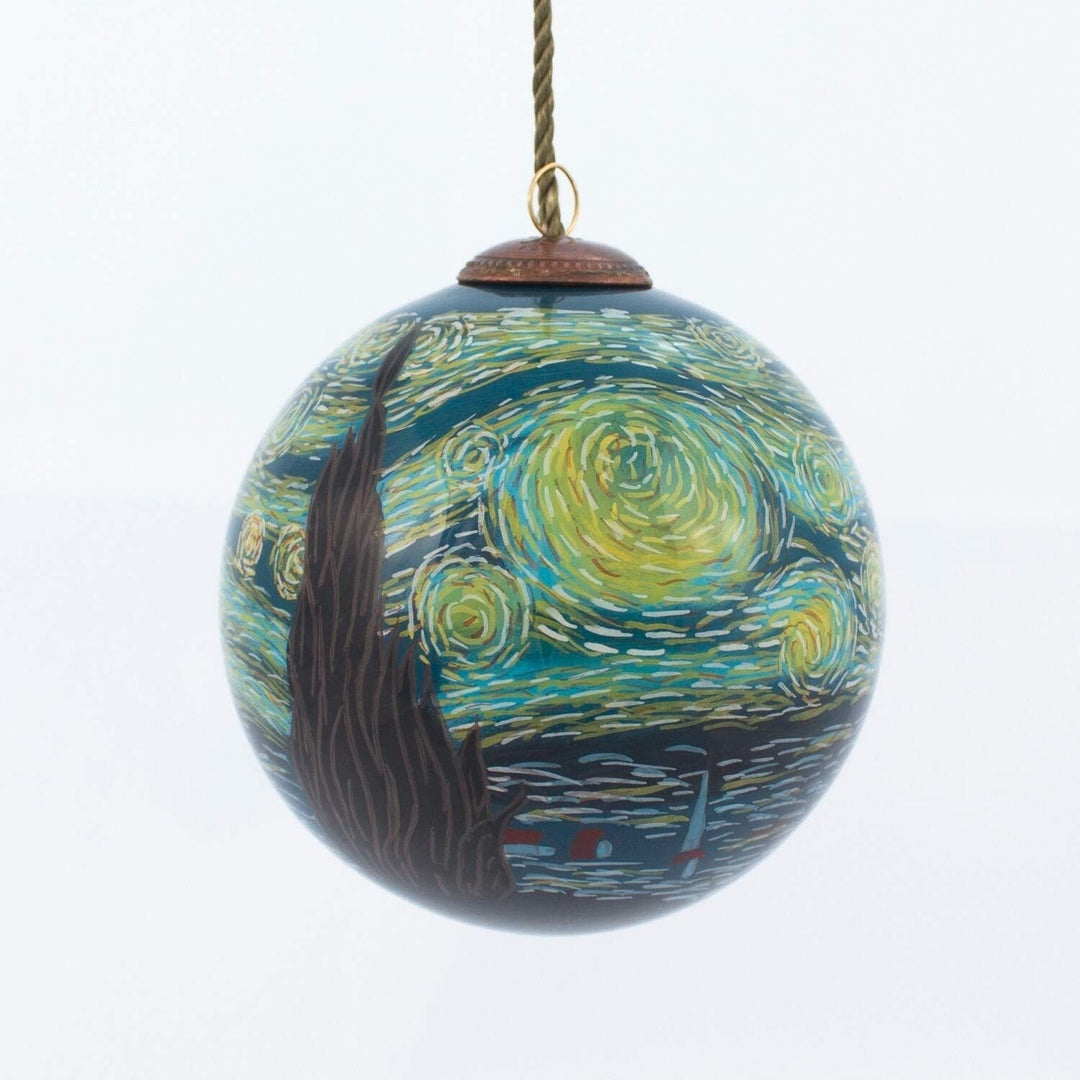 Starry Night' Hand Painted Glass Ornament Brown Green Yellow