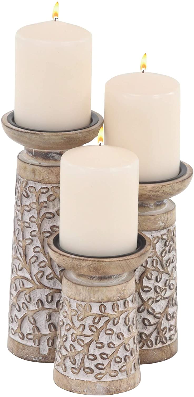 Rustic Mango Wood Flourish Patterned Candle Holder Set Brown Bohemian Eclectic