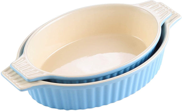 UKN 2 Piece Blue 12 75'' 14 5'' Oval Porcelain Baking Dish Bakeware Set 2 Piece Microwave Safe