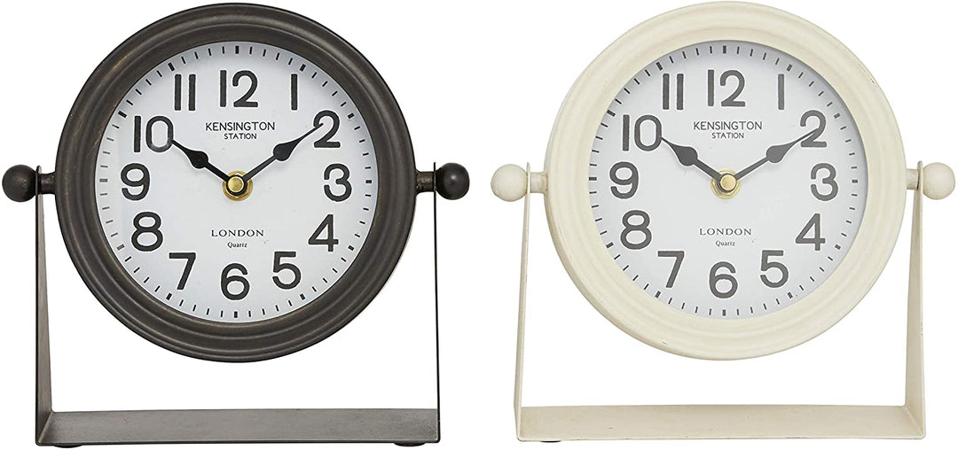 Small Round Black White Metal Table Clock Set 2 8" X 8 X