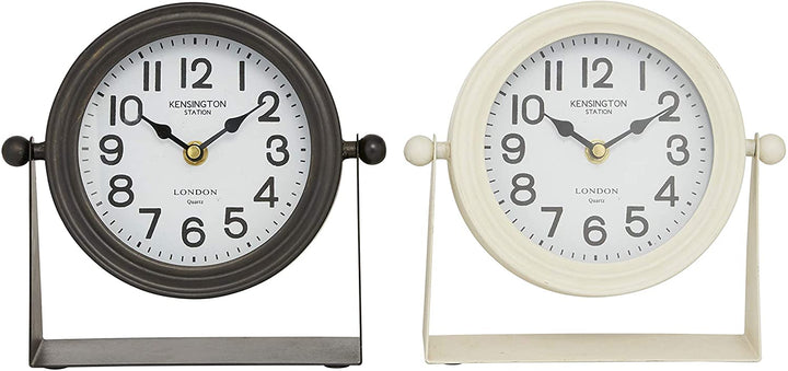 Small Round Black White Metal Table Clock Set 2 8" X 8 X