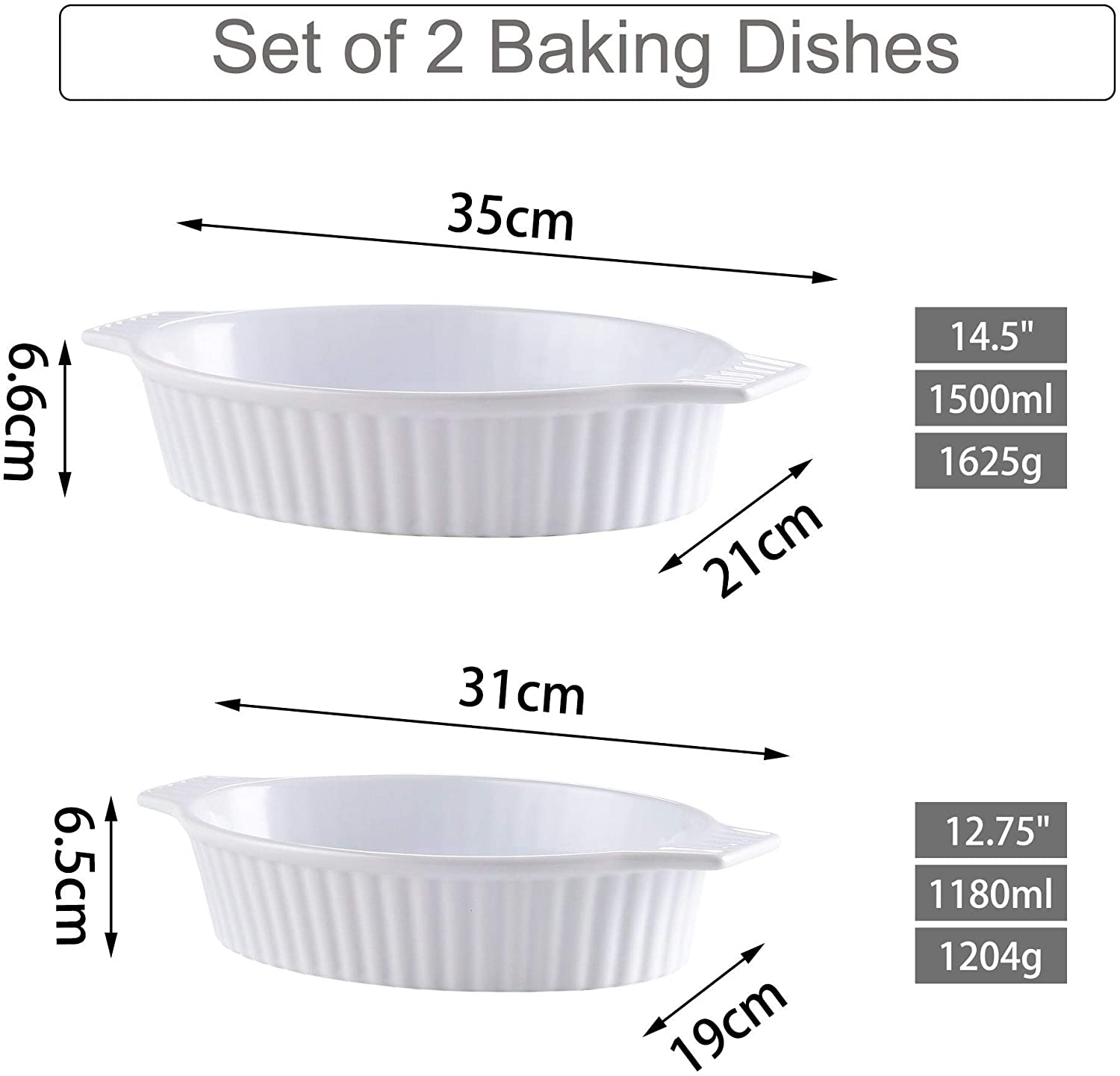 UKN 2 Piece White 12 75'' 14 5'' Oval Porcelain Baking Dishes Set 2 Piece Microwave Safe