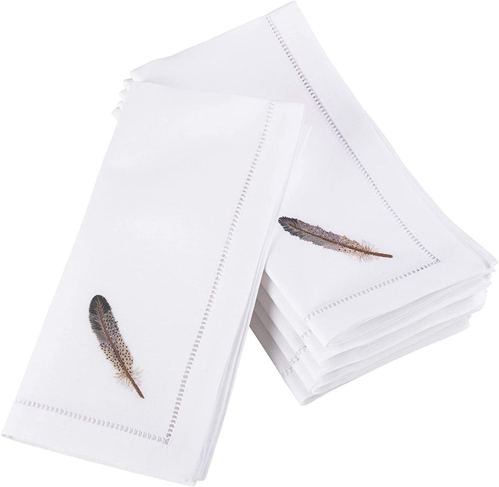 Embroidered Gray Feather Hemstitched Cotton Napkin (Set 6)