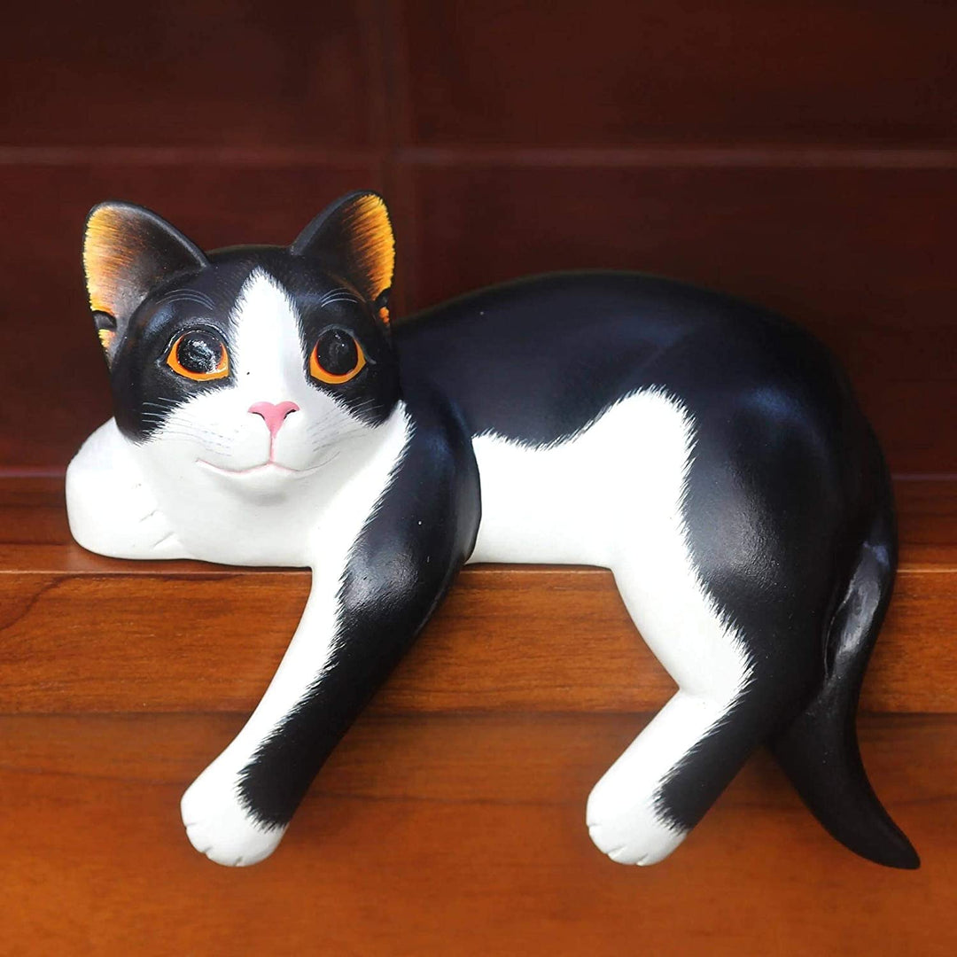 MISC Handmade Tuxedo Cat Relaxes Wood Sculpture (Indonesia) 4 7" H X 6" W 3 5" D Black Animals Antique