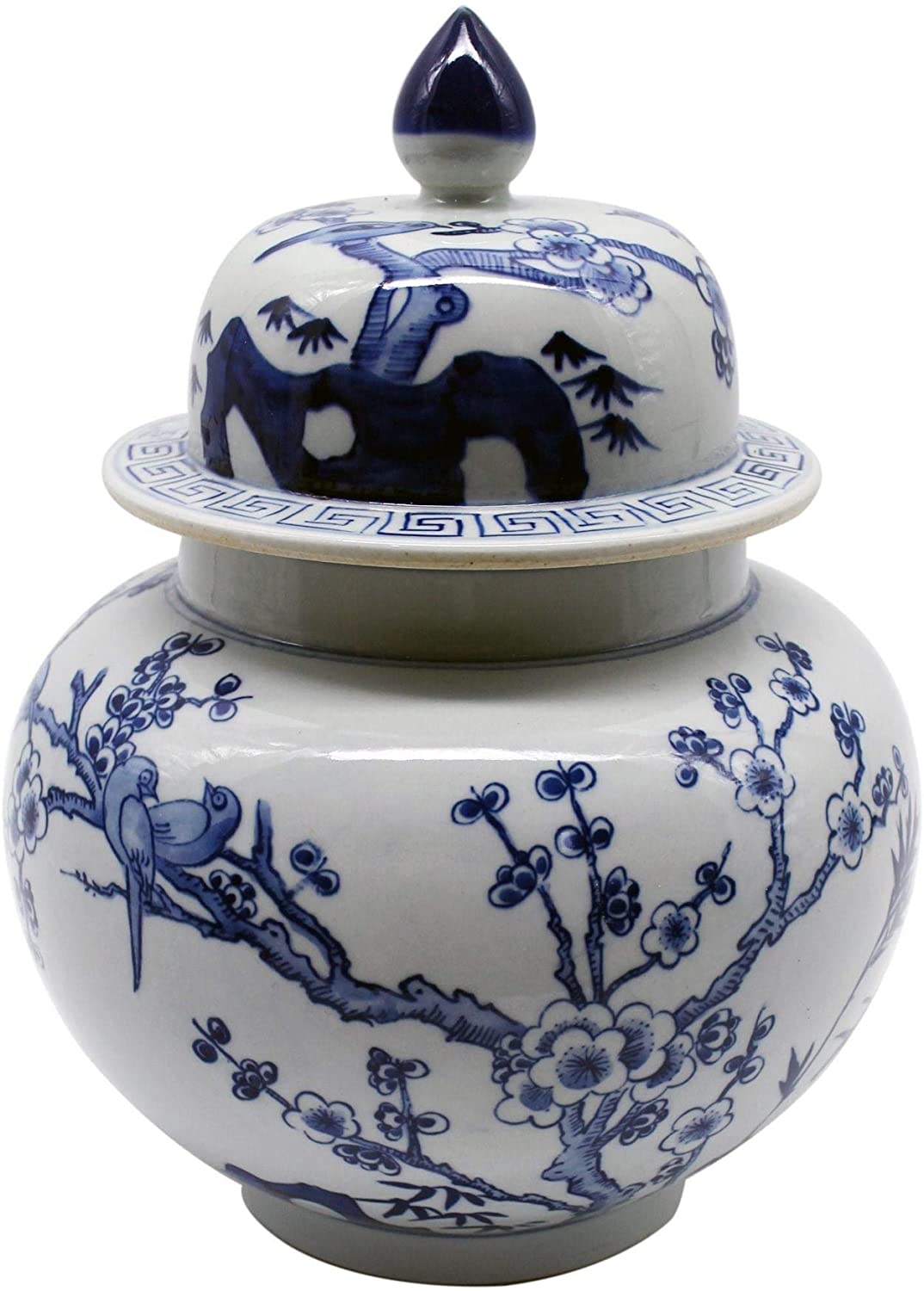 UKN Flower Bird Ginger Decorative Jar Blue Porcelain Handmade
