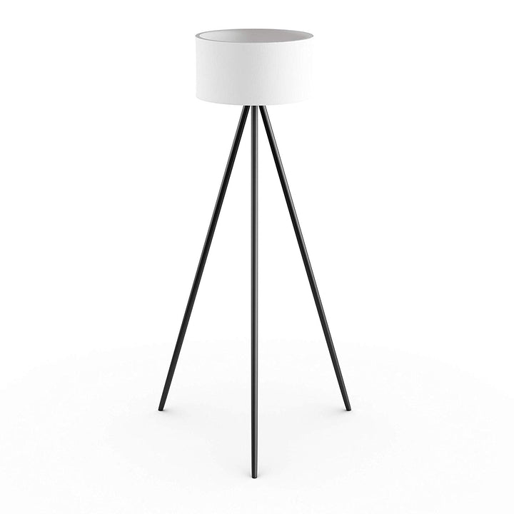 Standing Tripod Floor Lamp Living Room Lighting Black Tall Light Fixture White Lamp Shade Drum Shaped Modern Design Metal