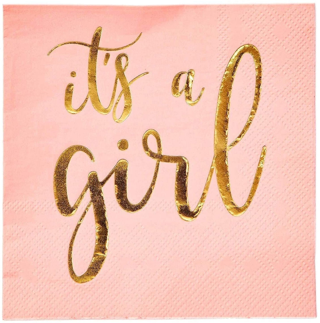 50x It's Girl Pink Gold Baby Shower Disposable Beverage Party Napkins 5x5 Square Synthetic Fiber - Diamond Home USA