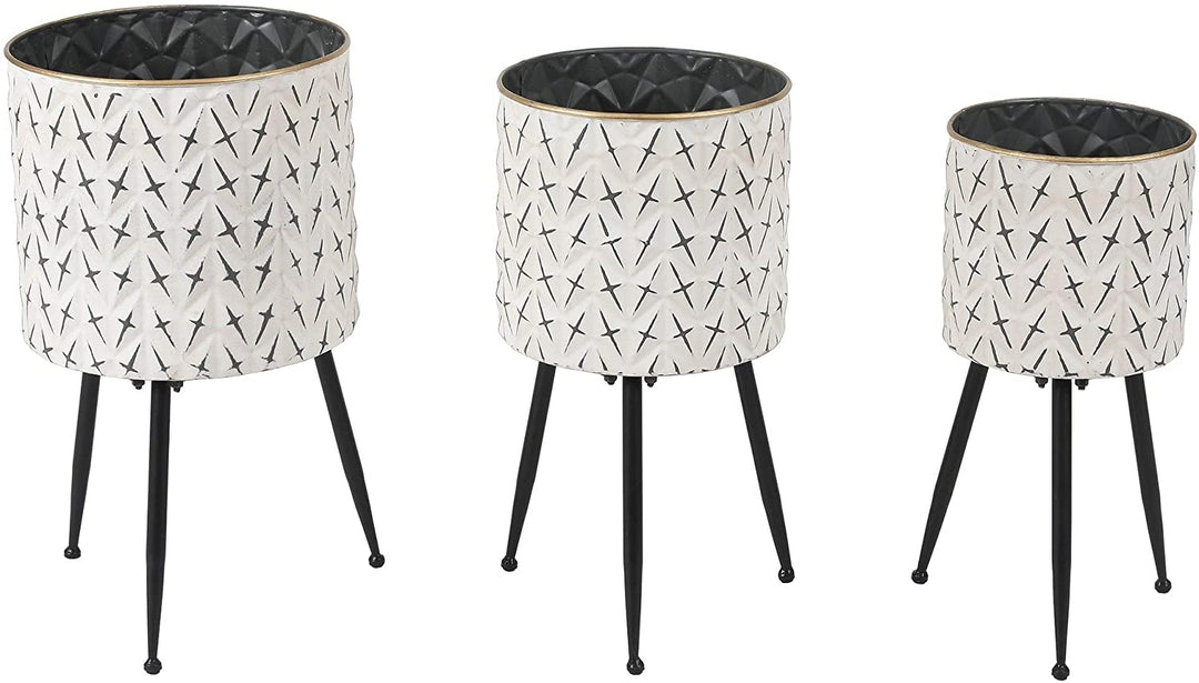 3 Piece Standing Metal Round Planters Black White Modern Contemporary - Diamond Home USA