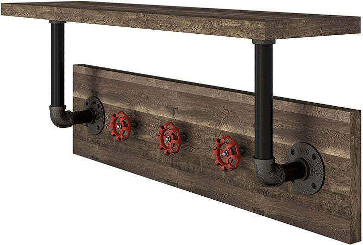 Industrial Reclaimed Oak Wall Shelf 3 Hooks Brown Rustic Metal Particle Board Finish Includes Hardware - Diamond Home USA