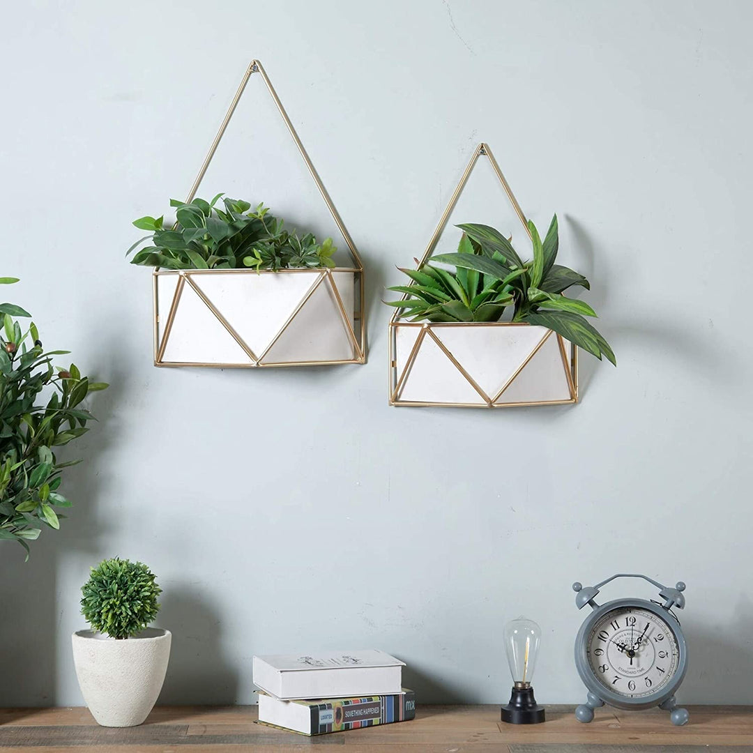 Set 2 Succulent Metal Wall Planters Gold White Modern