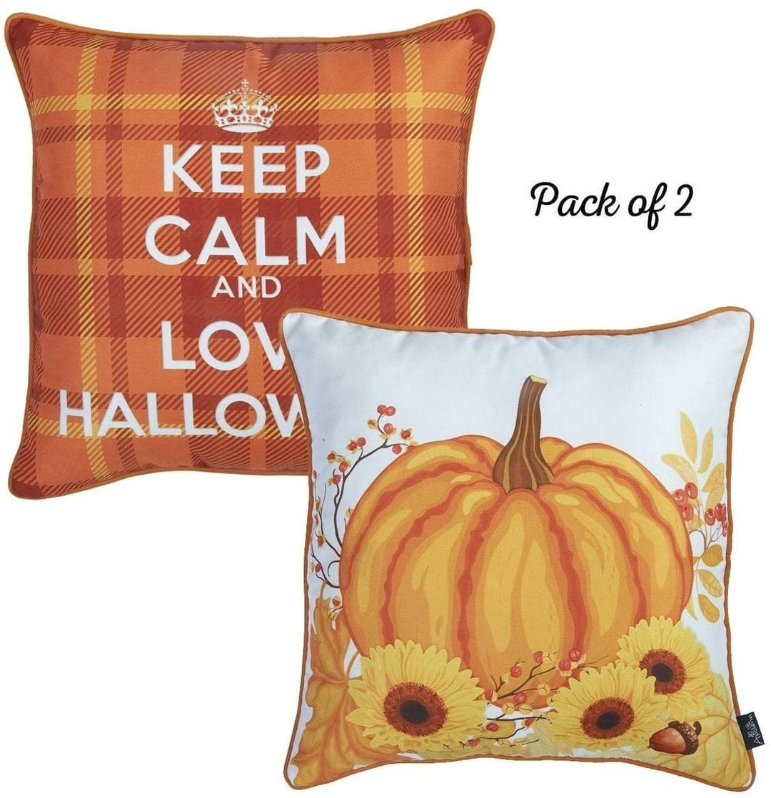 Fall Season Harvest Pumpkin Love Pillowcase 18"x18" (2 Pcs Set) Floral Polyester Two Pillows Removable Cover