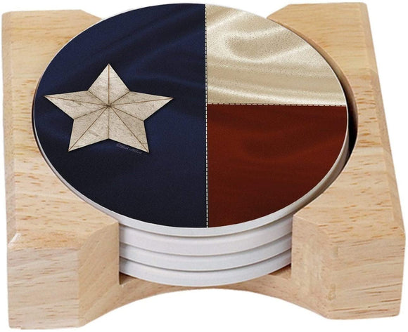 Absorbent Stone Coasters Wooden Holder Texas Flag (Set 4) Color Stoneware