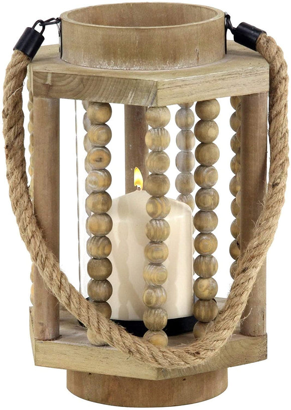 Rustic 11 X 8 Inch Wood Glass Candle Lantern Rope Handle Brown