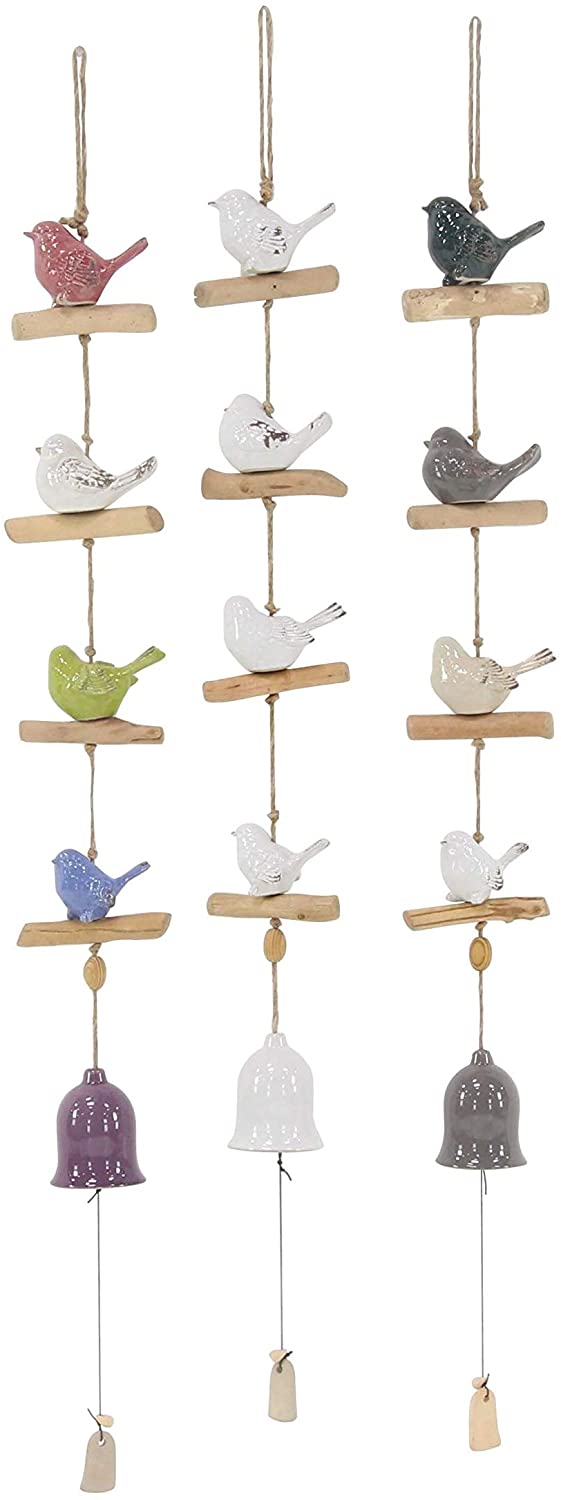 Set 3 Natural Ceramic Birds Bells Wind Chime White