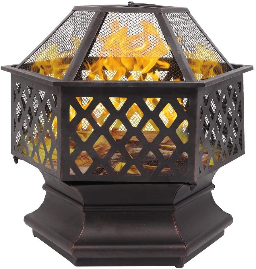 MISC 22" Hexagonal Shaped Iron Wood Burning Fire Pit Black