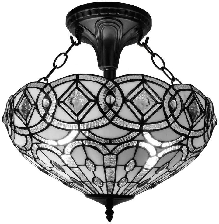 Tiffany Semi Flush Mount Ceiling Fixture White Traditional Art Glass