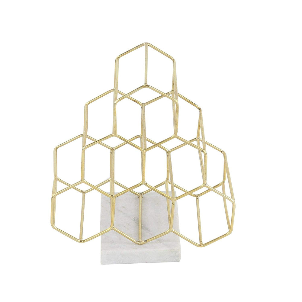 Gold Geo Wine Rack Elegant Countertop Pyramid 6Bottle Wine Holder Hexagon Shaped Modern Contemporary 13 x 9 Ceramic